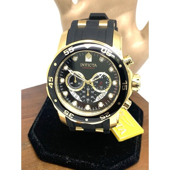 Invicta Men's Watch 6981 Pro Diver Black Dial Gold Tone Chronograph Black Rubber - Picture 1 of 15